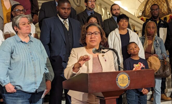 Rep. Donna Bullock (D-Philadelphia) speaks in the state capitol about protecting environmental justice communities on April 17, 2024. 