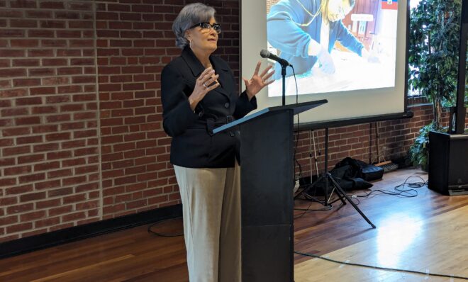 Margarita Mazyck speaks at the graduation ceremony for the Building Green Futures program in York on April 25, 2024. 