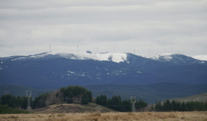 Windmills owned by TransAlta line a ridge pictured on March 6, 2024. (Jeremy Long - WITF)