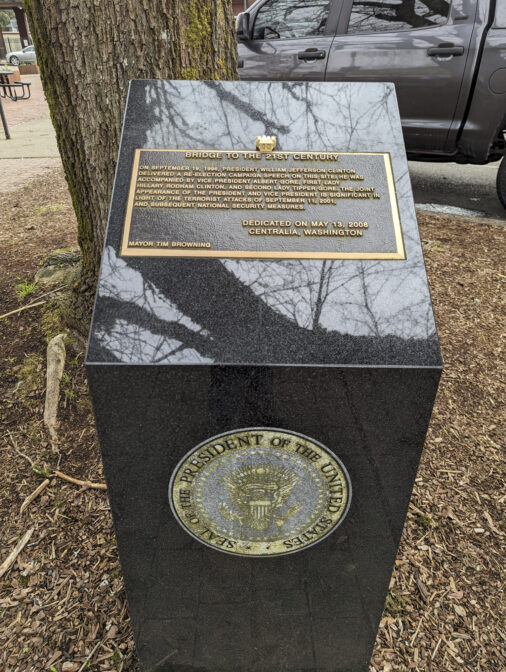 A monument commemorating a visit from President Bill Clinton, Hilary Clinton, Vice President Al Gore and Tipper Gore in 1996 while they were campaigning.(Jeremy Long - WITF)