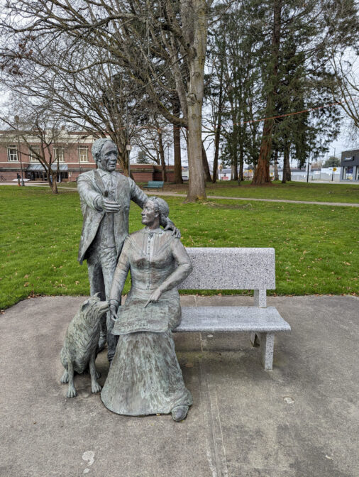 A statue of Centralia's founder George Washington, his wife, Mary Jane, in George Washington Park pictured on March 6, 2024. (Jeremy Long - WITF)