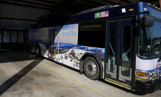 An electric bus Lewis County Transit purchased with the help of grant funds from TransAlta pictured on March 6, 2024. (Jeremy Long - WITF)