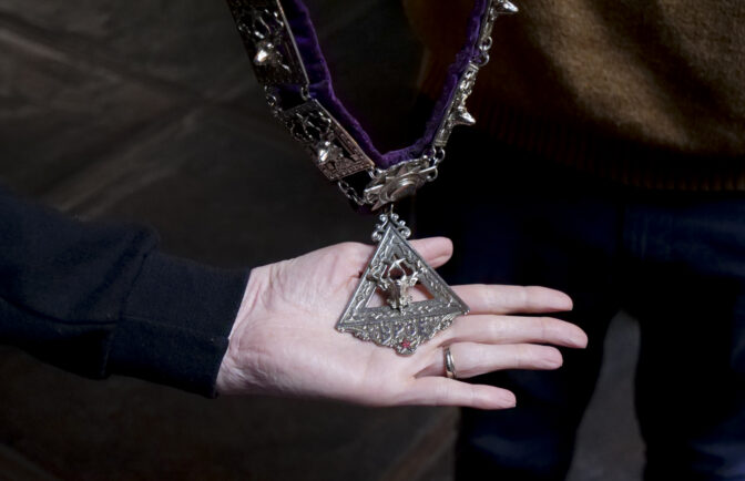 The Juice Box in Centralia, Washington is housed in a former Elks Club. The previous club left many artifacts behind, like this ceremonial necklace.  (Jeremy Long - WITF)