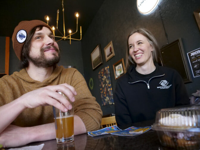 Levi and Sarah Althauser, seen here on March 7, 2024, applied for a grant to help them replace the roof and heating system at the Juice Box Public House in Centralia, Wash. Without the money, they said they likely would have had to give up on their idea for a new kind of community space. (Jeremy Long - WITF)