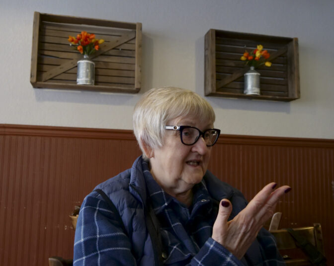 Edna Fund, a former Lewis County commissioner and Centralia city councilor, during coffee and breakfast with business owners at Dawn's Delectables on March 8, 2024. (Jeremy Long - WITF)