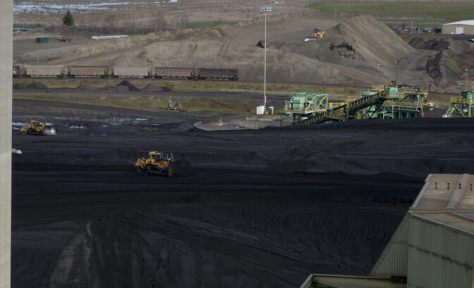 Heavy machinery pushes coal to be fed into The TransAlta Centralia Generation station pictured on March 8, 2024. (Jeremy Long - WITF)