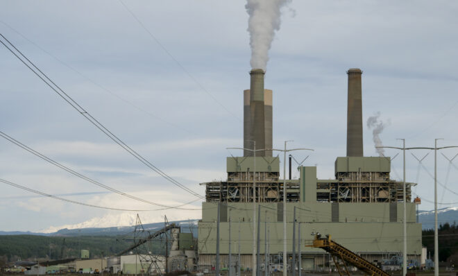 The TransAlta Centralia Generation station pictured on March 8, 2024. Mount Rainer is visible to the left of the plant. (Jeremy Long - WITF)