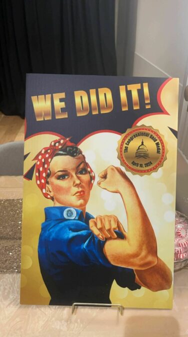 A triumphant image of the Rosie the Riveter is displayed at the Hamilton Hotel in Washington, D.C.