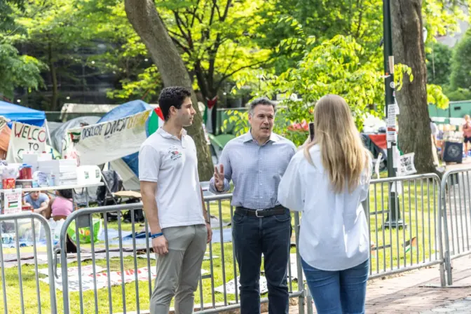 Republican Dave McCormick (right), running for U.S. Senate, came to UPenn’s protest encampment with 21 year-old student Eyal Yakoby (left) to record a video denouncing the protesters on May 1, 2024.