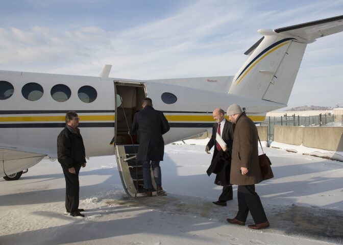 Former Gov. Tom Wolf boards the state plane in 2016.