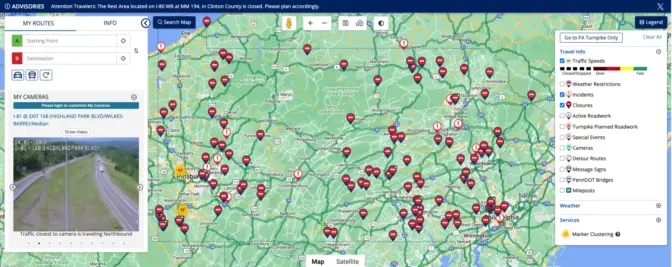 Screenshot of the updated 511 PA website, taken on Tuesday, June 4. Alerts are updated in real-time, so any closures listed may be outdated.