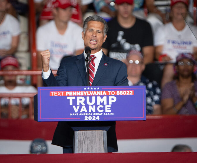 Congressman Dan Meuser speaks during a Donald Trump rally in the New Holland Arena at the Pennsylvania Farm Show complex in Harrisburg Wednesday, July 31, 2024.