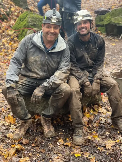 Josh Gates from Discovery Channel’s “Expedition Unknown” and Clint Flack at the Buckingham Township excavation site. (Discovery Channel’s Expedition Unknown)