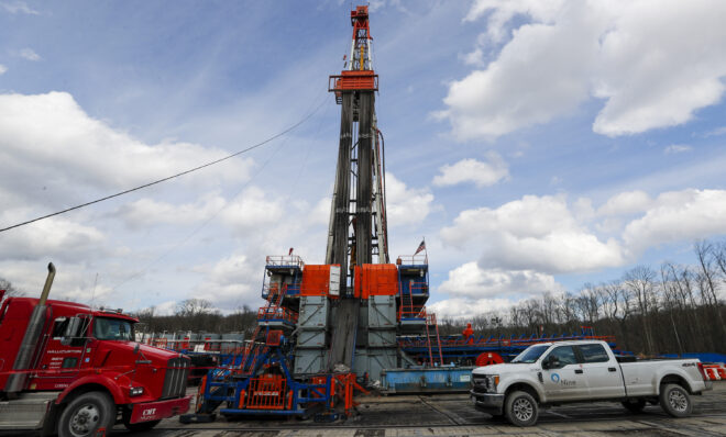 FILE - Work continues at a shale gas well drilling site in St. Mary's, Pa., March 12, 2020. Facing the need to win Pennsylvania, Vice President Kamala Harris has sworn off any prior assertion that she opposed fracking. But that hasn't stopped Republican presidential candidate former President Donald Trump from wielding her now-abandoned position as to win over working-class voters in the key battleground state where the industry means jobs. (AP Photo/Keith Srakocic, File)