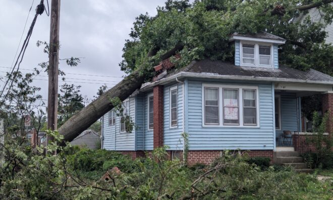 Fallen trees damaged homes as the remnants of Hurricane Debby passed through Harrisburg on Aug. 9, 2024. 