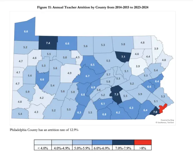 Map of Pennsylvania showing the rate of teacher attrition from 2014 to 2024.