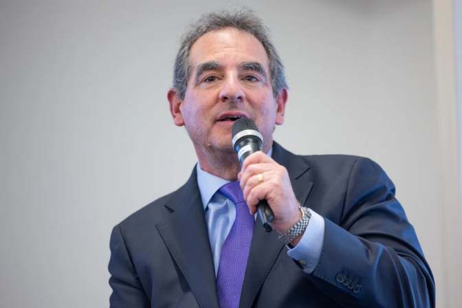 Forward Party candidate for Pa. Attorney General Eric Settle debates other candidates at the Philadelphia Public Health Management Corporation’s debate on April 4, 2024. (Kimberly Paynter/WHYY)