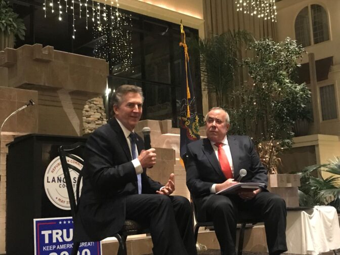 Jim DeMint, left, a former U.S. senator from South Carolina who was the keynote speaker at the Republican Committee of Lancaster County’s fall dinner Wednesday at Eden Resort & Suites, talks with WHP 580 radio host R.J. Harris. He heads the Conservative Partnership Institute, where he works with Cleta Mitchell.