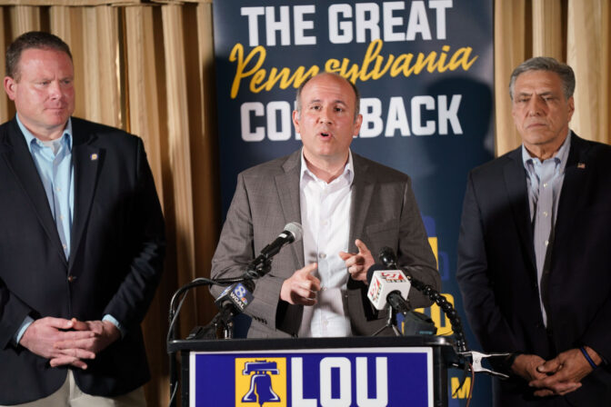 Berks County Commissioner, Michael Rivera speaks during an endorsement announcement for Lou Barletta in Lancaster on Sunday, May 15, 2022.