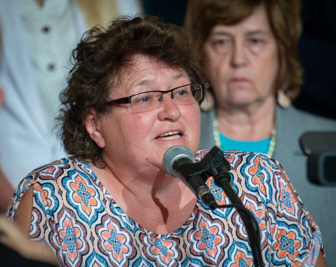 Beth Roth, of Bucks County Election Integrity Task Force, speaks during an Audit The Vote PA rally in the rotunda of the Capitol building in Harrisburg Monday, June 24, 2024. Roth is a PA Fair Elections meeting attendee and led an effort to remove voters from rolls in Bucks County.