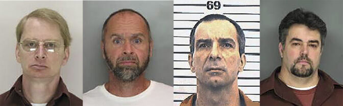 This combination image of police booking photos from the Pennsylvania and Oklahoma departments of corrections shows, from left: David John Cannon, 2008; Ernie Bevilacqua, 2012; Richard A. Bowen, 1994; and Kenneth Leon Knight, 2008. (Pennsylvania and Oklahoma Departments of Corrections via AP)