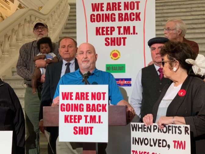 Eric Epstein of Three Mile Island Alert speaks at an event to oppose reopening Three Mile Island at the state capitol on Sept. 3, 2024. 