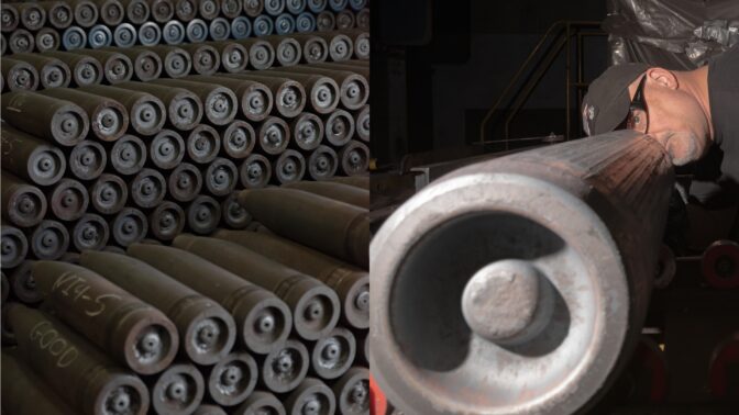 Ammunition casings are stacked on top of each other in a storage space; A Scranton Army Ammunition Plant employee performs inspections on metal billets during the manufacturing processDaniel Vasta for NPR