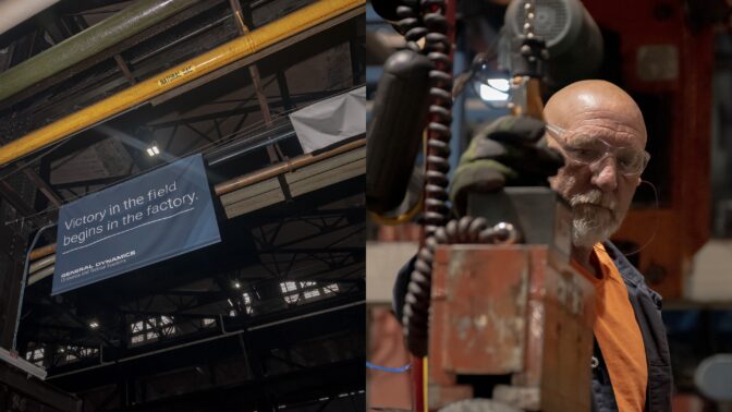 An employee is shown working at the Scranton Army Ammunition Plant. A banner in the background reads “Victory in the field begins in the factory.”Daniel Vasta for NPR