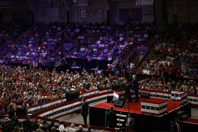 JOHNSTOWN, PENNSYLVANIA - AUGUST 30: Republican presidential nominee, former U.S. President Donald Trump speaks during a campaign rally in the 1st Summit Arena at the Cambria County War Memorial on August 30, 2024 in Johnstown, Pennsylvania. Promising to cut energy bills in half, conduct the largest deportation operation in history and put a 200% tariff on foreign made automobiles, Trump rallied his supporters in the all-important battleground state of Pennsylvania. (Photo by Chip Somodevilla/Getty Images)