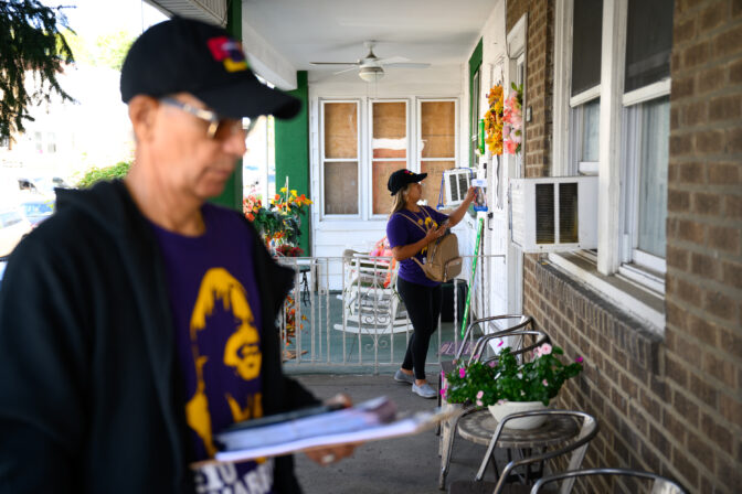 Service Employee Union International members knock on doors while canvassing latino voters for the Harris-Walz campaign in Philadelphia on Sunday, September 22, 2024. CREDIT: Kriston Jae Bethel for NPR