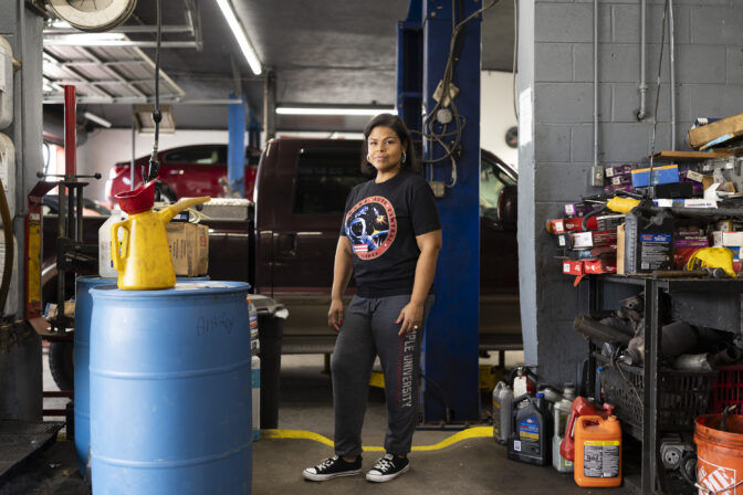 Monica Parilla owner of Marz Auto Central in Philadelphia, PA Saturday, Sept. 21 2024. (Ryan Collerd for NPR)