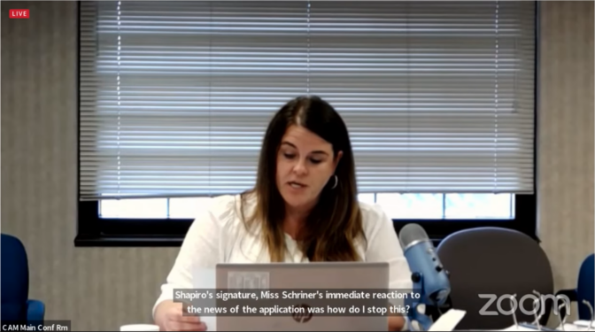 Board of Pardons Secretary Shelley Watson reads a memo from the Office of Victim Advocate describing Grace Schriner's opposition to the commutation of Gail Stallworth’s life sentence.