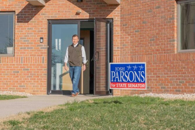 Republican candidate Josh Parsons exiting his polling place in East Hempfield Township after voting in the 36th Senate District special election on March 25, 2025.