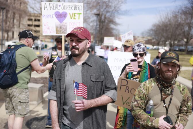 Veterans' marches to protest Trump's policies took place in state capitols across the country on March 14. This one is in Indianapolis.