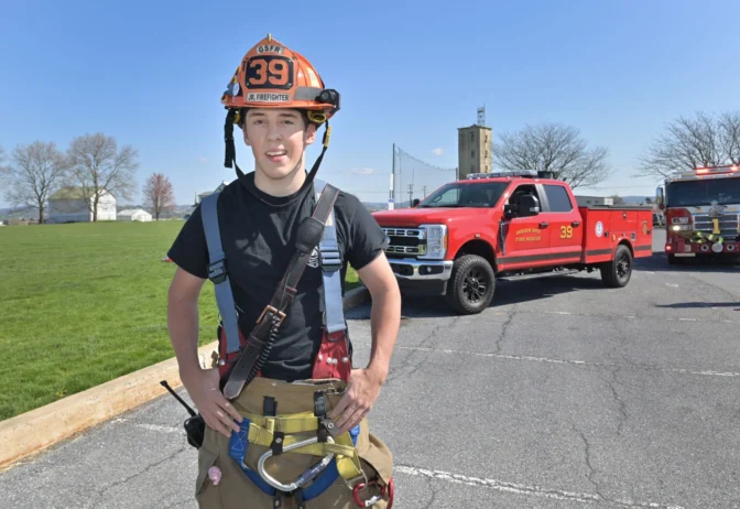 Linus Weber, a German exchange student, is involved with the Garden Spot Fire Rescue, stands for a photo after helping with a mock crash training scene held in the parking lot of Garden Spot High School on Thursday, April 17, 2025.
