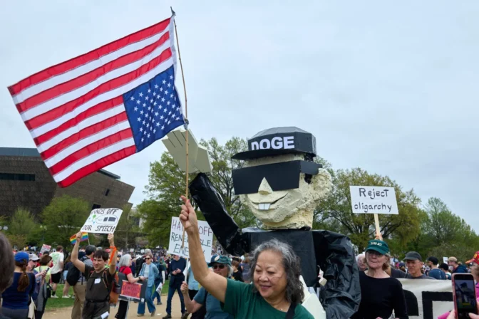 Protesters gather on the National Mall for the "Hands-Off" protest against the Trump administration on April 5.