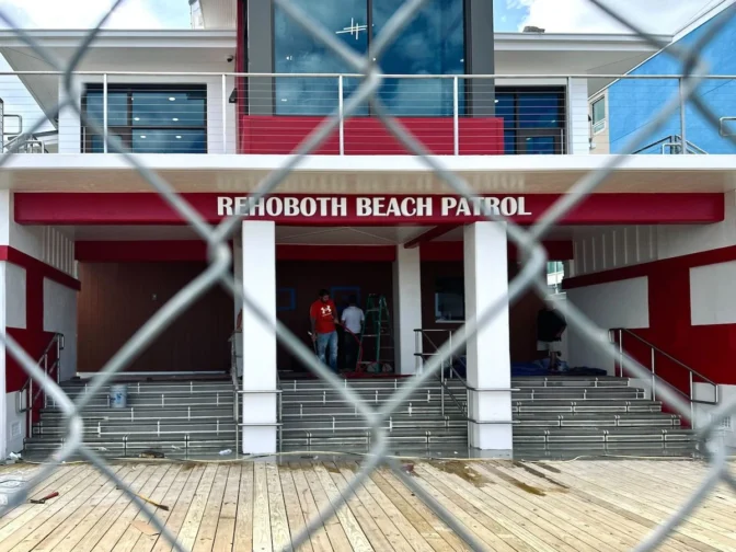 Right next to the demolition, a new Rehoboth Beach Patrol facility is also under construction. The upgraded building will include public restrooms, changing rooms, and facilities for the 80 lifeguards who help keep the beach safe during peak season. (Johnny Perez-Gonzalez/WHYY)