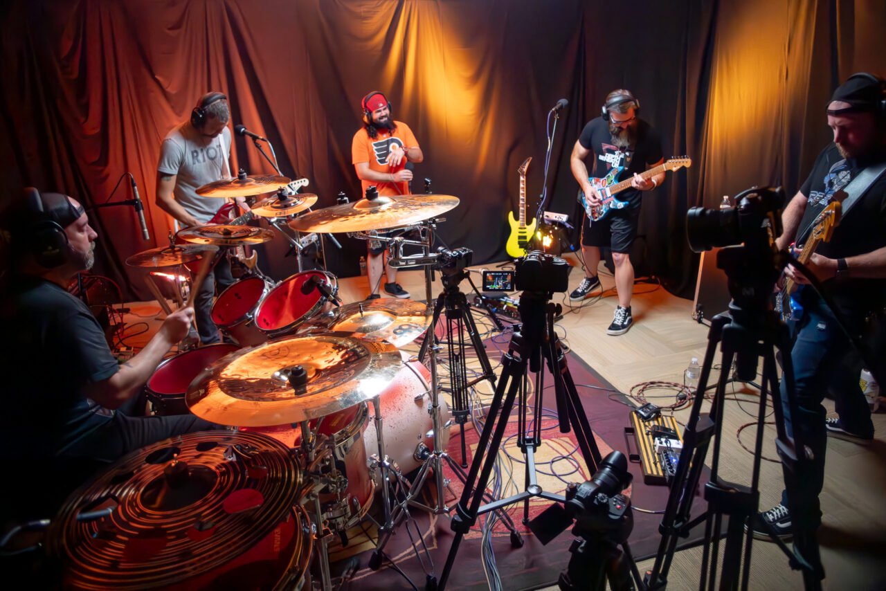 A band playing in a room