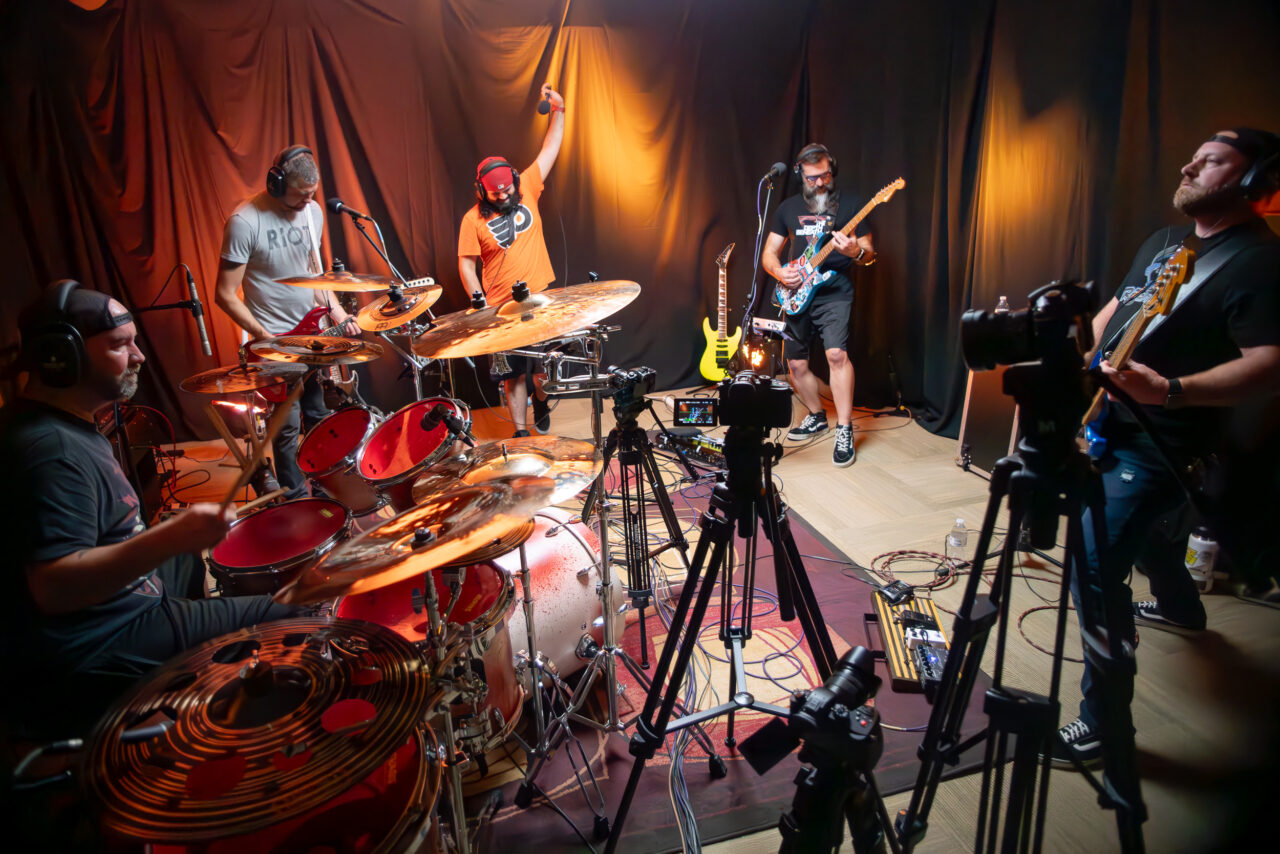 A band playing in a room