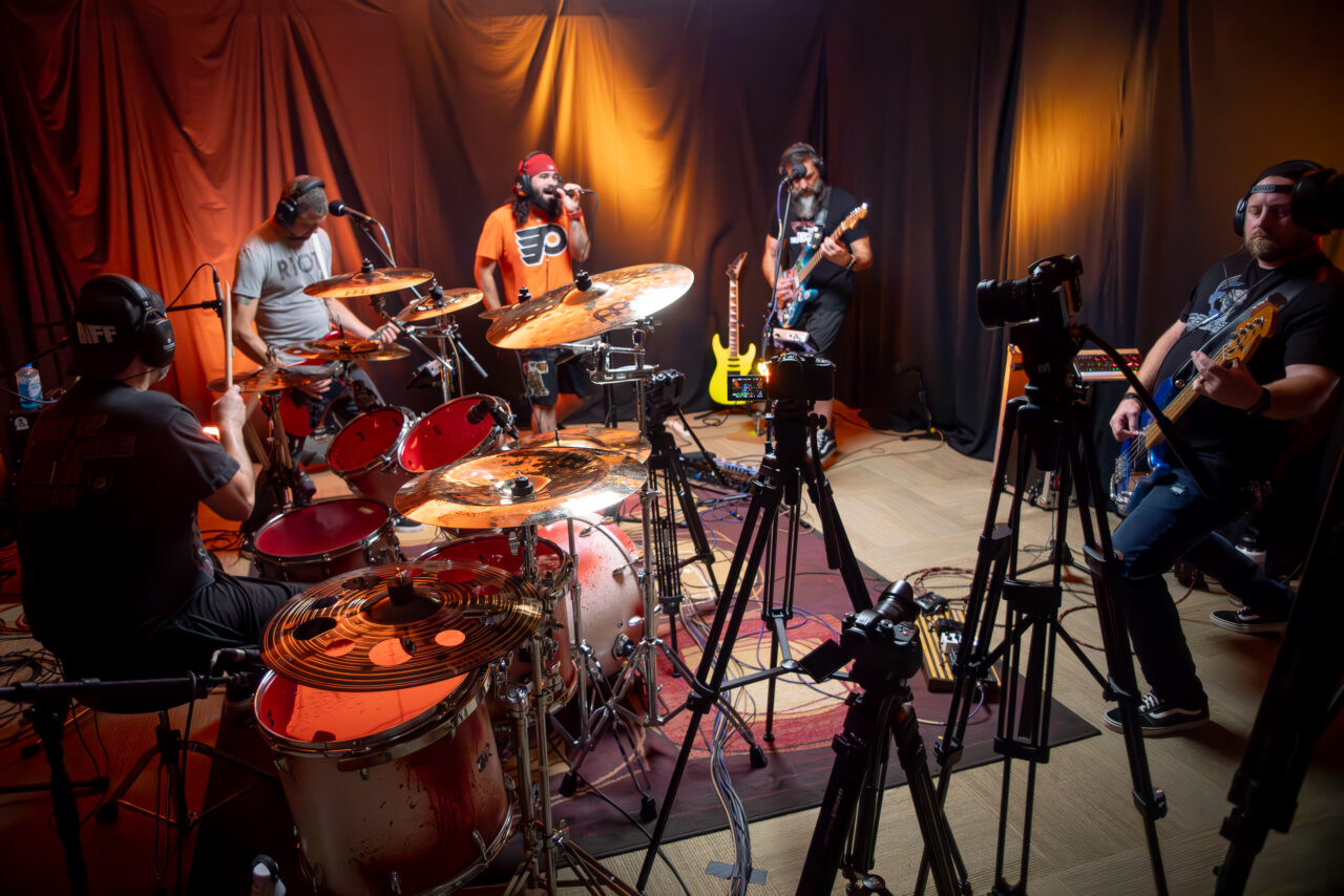 A band playing in a room