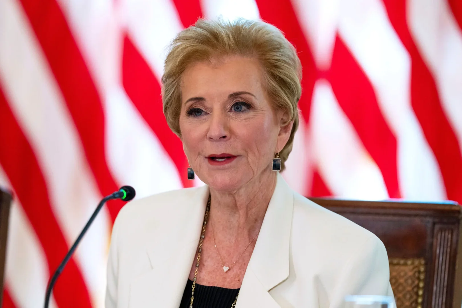 Education Secretary Linda McMahon speaks during a meeting in the East Room of the White House, Sept. 4, 2025, in Washington.