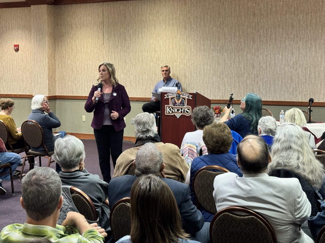 Janelle Stelson, Democratic candidate for Congress in PA-10, speaks at a candidate forum at Central Penn College on April 26, 2026.