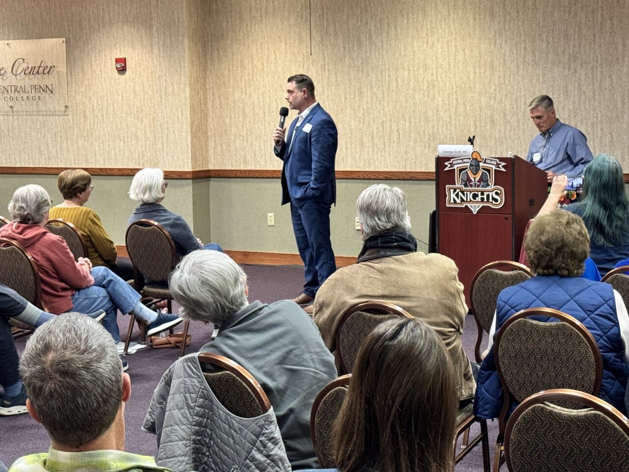 Justin Douglas, Democratic candidate for Congress in PA-10, speaks at a candidate forum at Central Penn College on April 26, 2026.