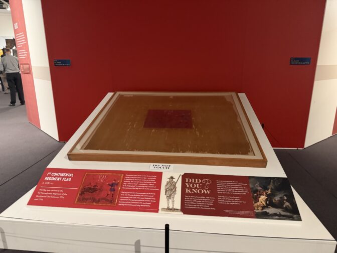 The flag carried by the 1st Pennsylvania Regiment of the Continental Army is on display at The State Museum of Pennsylvania in Harrisburg.