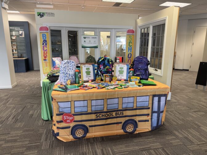 A collection of donated school supplies sits in Mechanicsburg's Renewal by Andersen location on July 27, 2026.