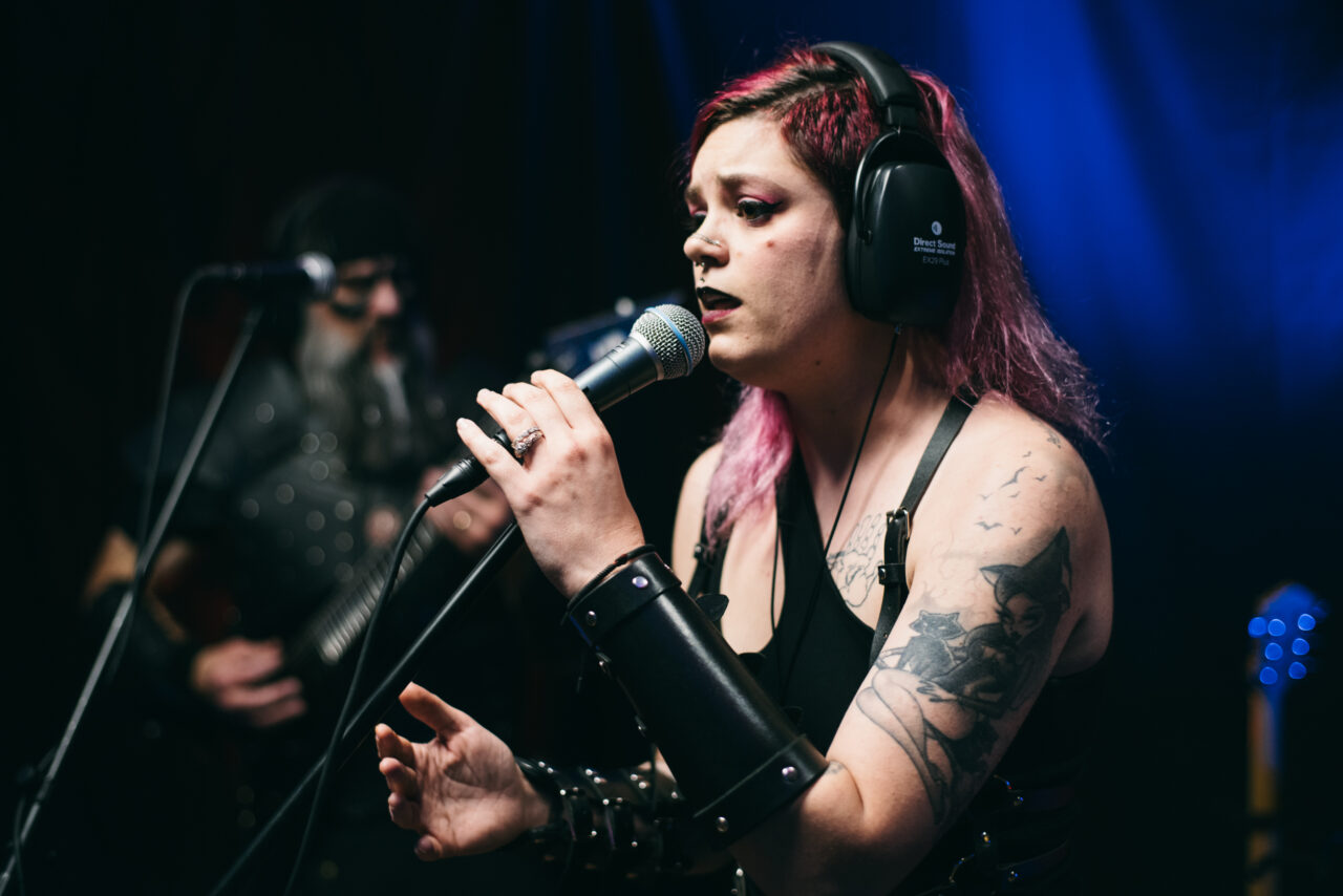 A woman singing.