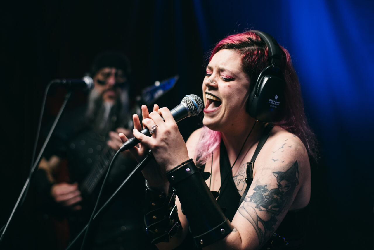 A woman singing.