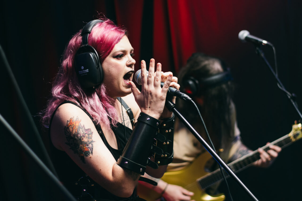 A woman singing.