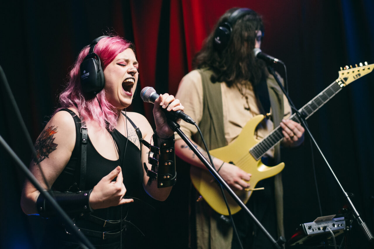 A woman singing.