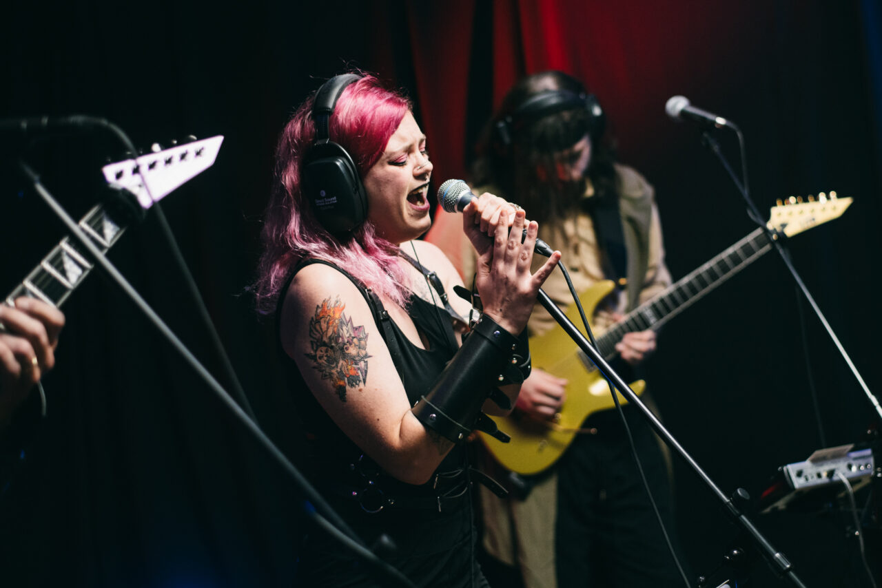 A woman singing.